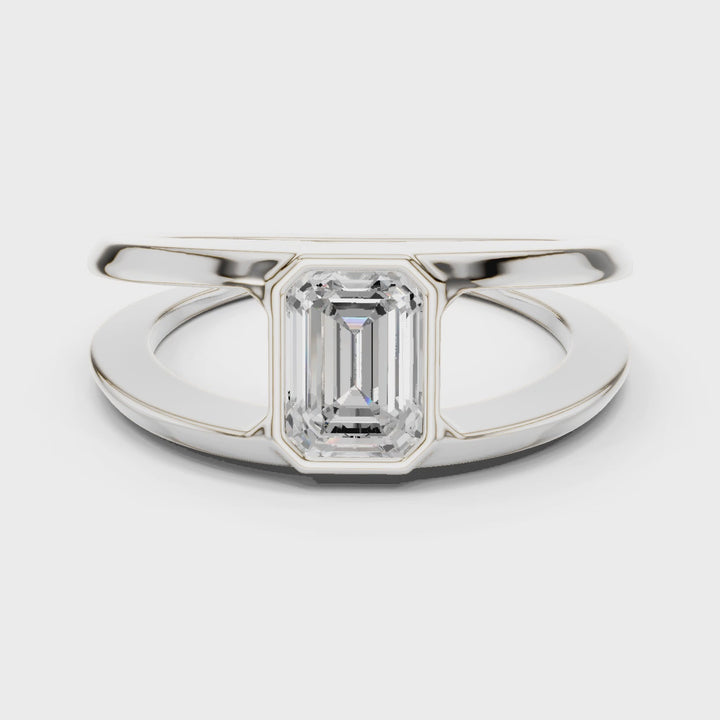 18K White Gold Rhodium Plated Titan Open Frame Emerald Cut Moissanite Solitaire Ring Video
