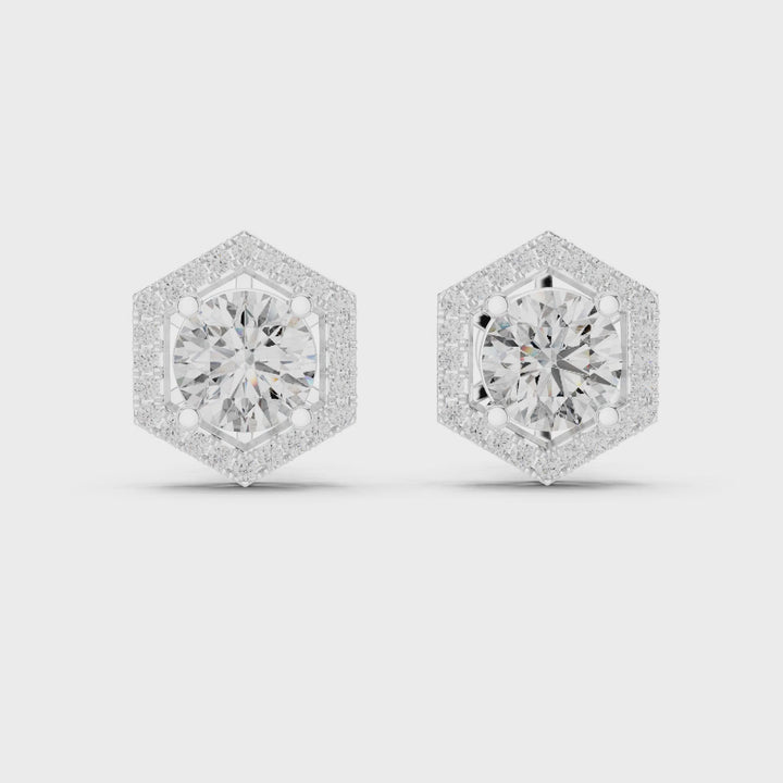 18K White Gold Vermeil Stella Hexagon Halo Moissanite Stud Earrings Video